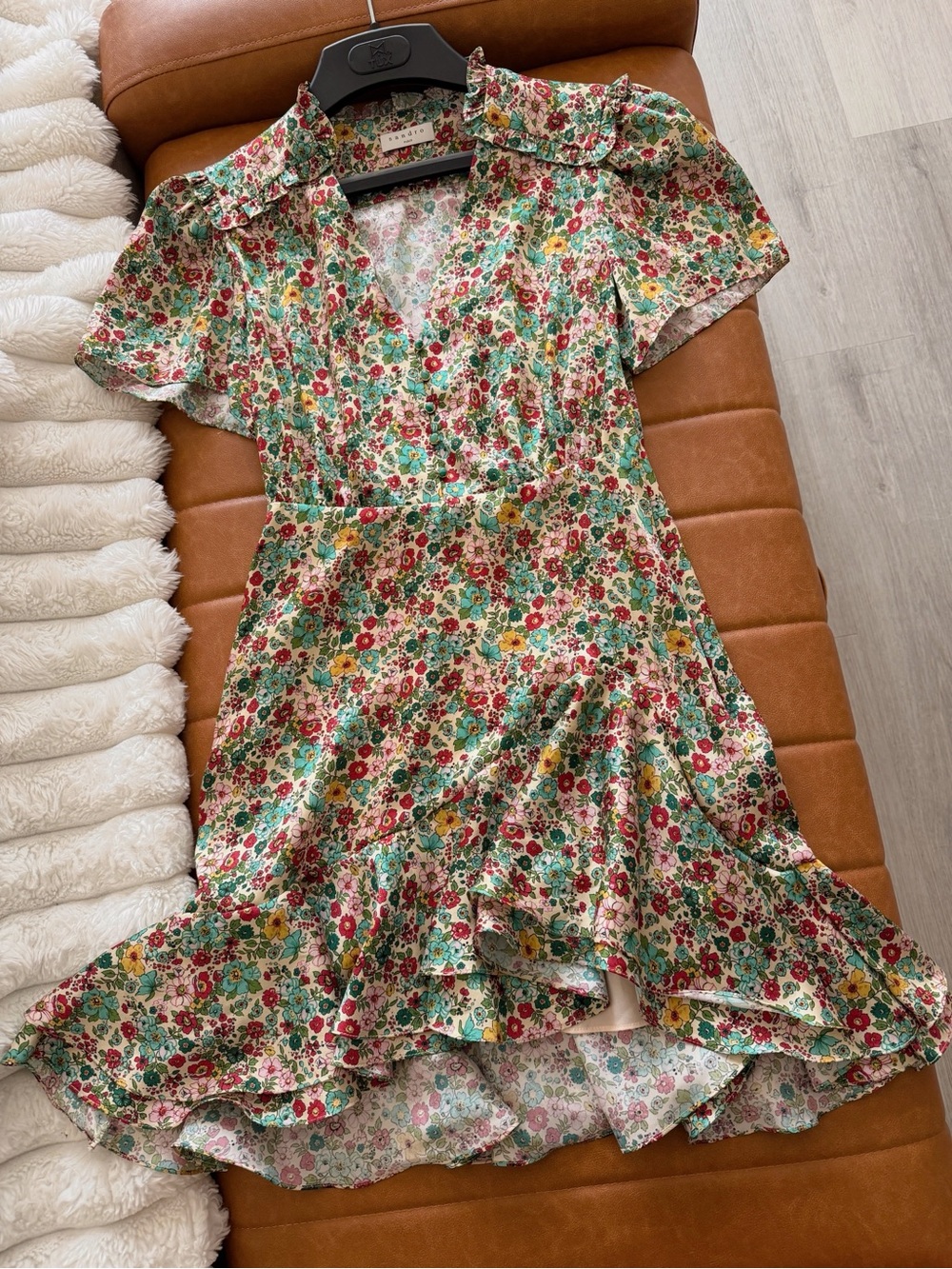 Sandro Floral Wrap-Style Mini Dress in Red, Green & Yellow